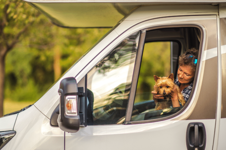 A woman sitting with her dog in a camper, enjoying pet-friendly RV travel.